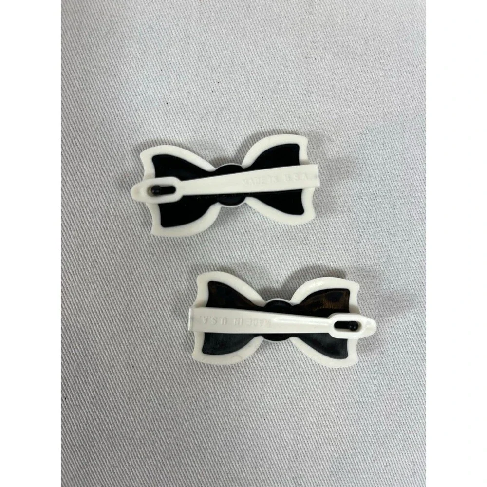 Vintage 1980s Polka Dot Bow Barrettes Black White Retro Rockabilly Clips Pair